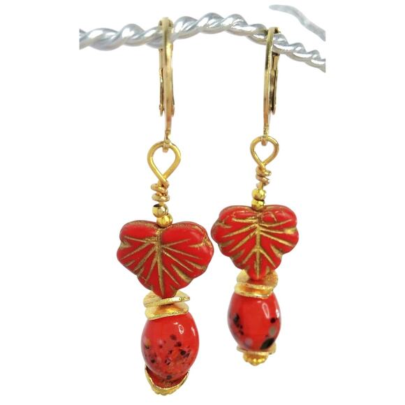 Czech Glass Earrings Artisan Made Leaf Murano Glass Beaded Red Orange Dangle NEW - Picture 1 of 10